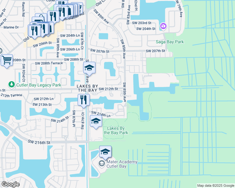map of restaurants, bars, coffee shops, grocery stores, and more near 8560 Southwest 212th Street in Cutler Bay