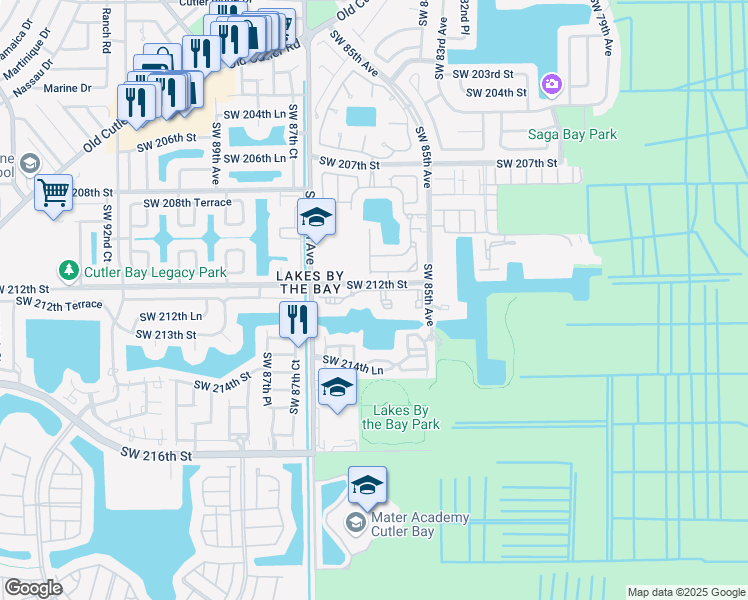 map of restaurants, bars, coffee shops, grocery stores, and more near in Cutler Bay