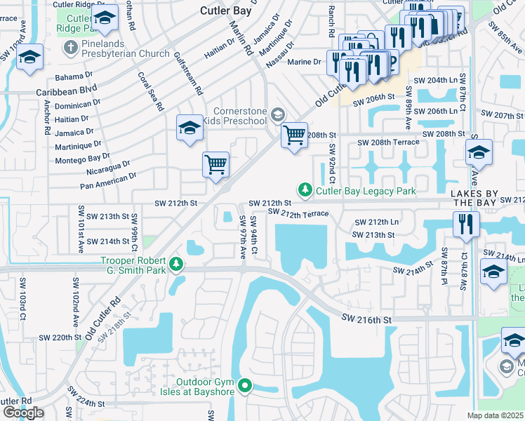 map of restaurants, bars, coffee shops, grocery stores, and more near 9411 Southwest 212th Terrace in Cutler Bay