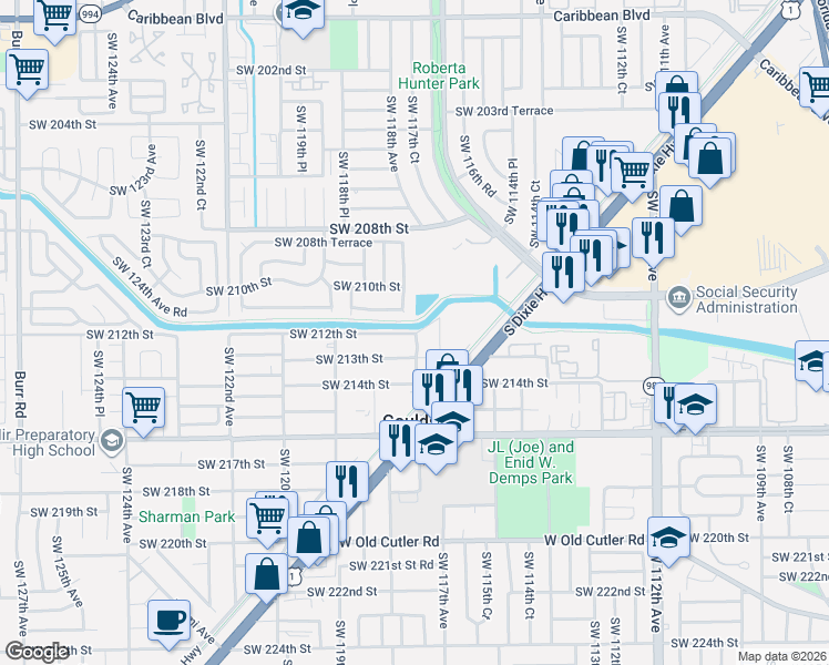 map of restaurants, bars, coffee shops, grocery stores, and more near 21049 Southwest 118th Avenue in Miami