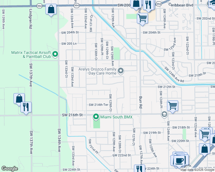 map of restaurants, bars, coffee shops, grocery stores, and more near 12945 Southwest 211th Terrace in Miami