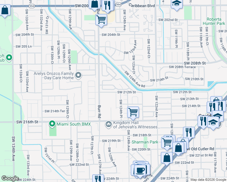 map of restaurants, bars, coffee shops, grocery stores, and more near 12620 Southwest 211th Street in Miami