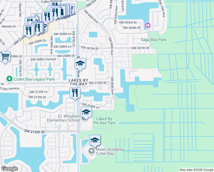 map of restaurants, bars, coffee shops, grocery stores, and more near 8540 Southwest 212th Street in Cutler Bay