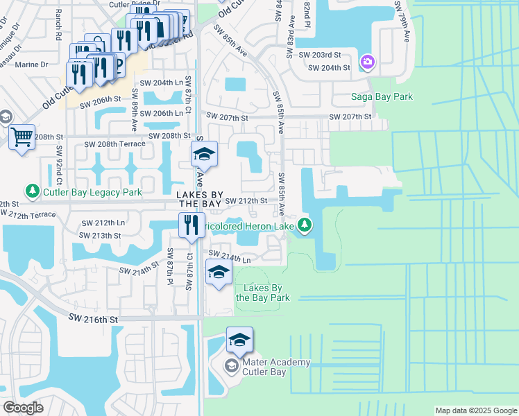map of restaurants, bars, coffee shops, grocery stores, and more near 8560 Southwest 212th Street in Cutler Bay