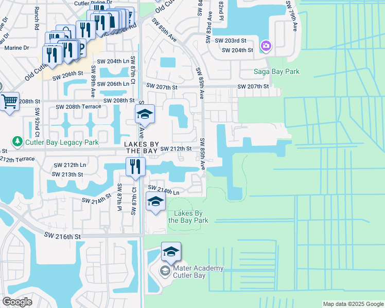 map of restaurants, bars, coffee shops, grocery stores, and more near 8560 Southwest 212th Street in Cutler Bay