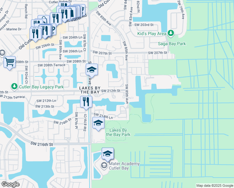 map of restaurants, bars, coffee shops, grocery stores, and more near 8560 Southwest 212th Street in Cutler Bay