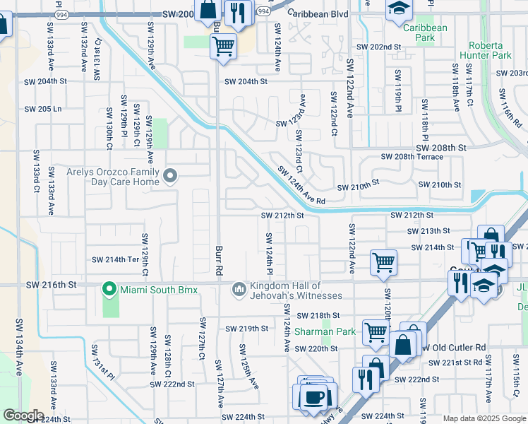 map of restaurants, bars, coffee shops, grocery stores, and more near 21026 Southwest 125th Place in Miami