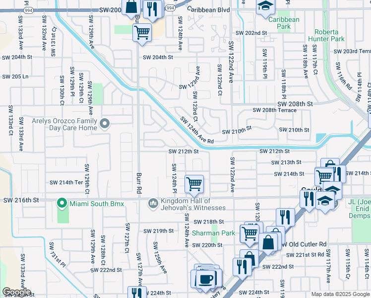 map of restaurants, bars, coffee shops, grocery stores, and more near 21127 Southwest 125th Court Road in Miami