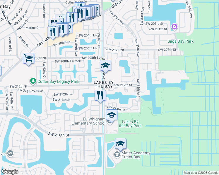 map of restaurants, bars, coffee shops, grocery stores, and more near 21520 Southwest 87th Avenue in Miami