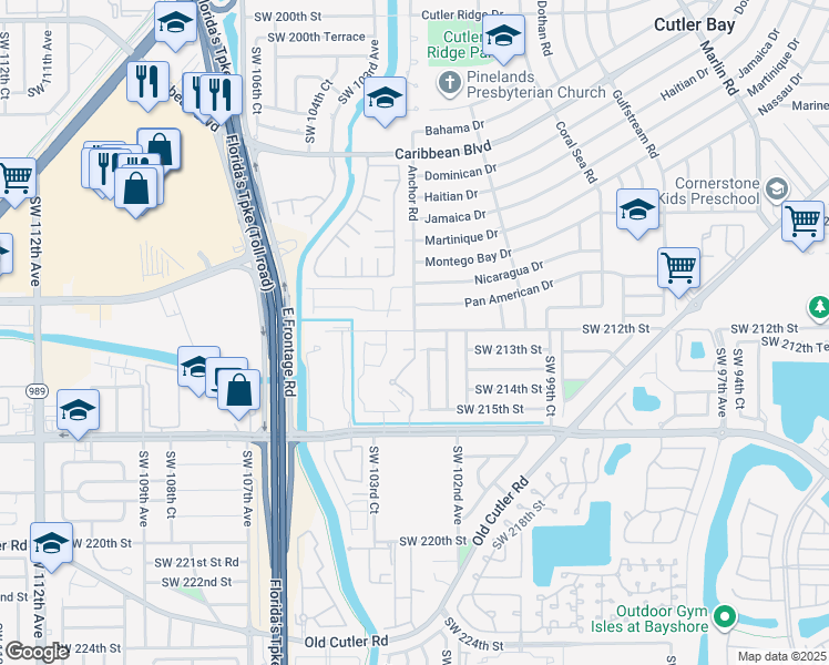map of restaurants, bars, coffee shops, grocery stores, and more near 21110 Anchor Road in Cutler Bay