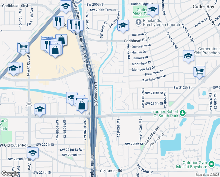 map of restaurants, bars, coffee shops, grocery stores, and more near 10405 Southwest 212th Street in Cutler Bay