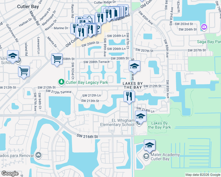 map of restaurants, bars, coffee shops, grocery stores, and more near 8888 Southwest 211th Lane in Cutler Bay
