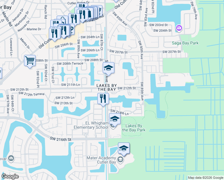 map of restaurants, bars, coffee shops, grocery stores, and more near 21520 Southwest 87th Avenue in Miami