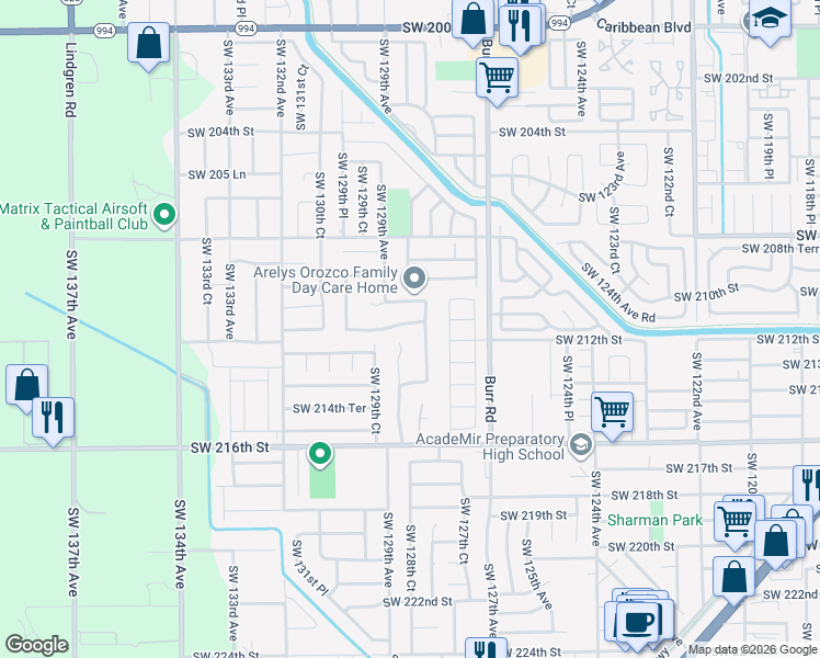 map of restaurants, bars, coffee shops, grocery stores, and more near 12845 Southwest 211th Terrace in Miami