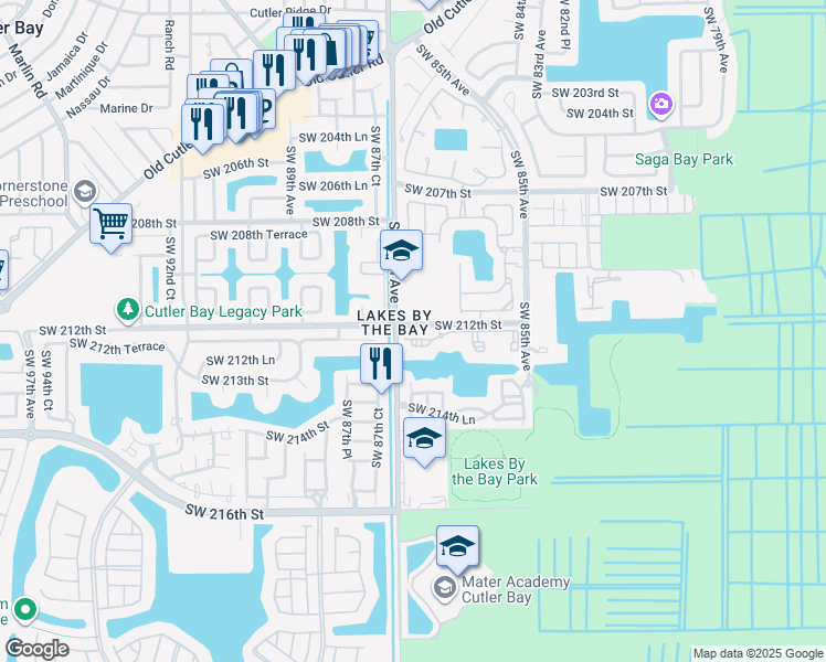 map of restaurants, bars, coffee shops, grocery stores, and more near 21520 Southwest 87th Avenue in Miami