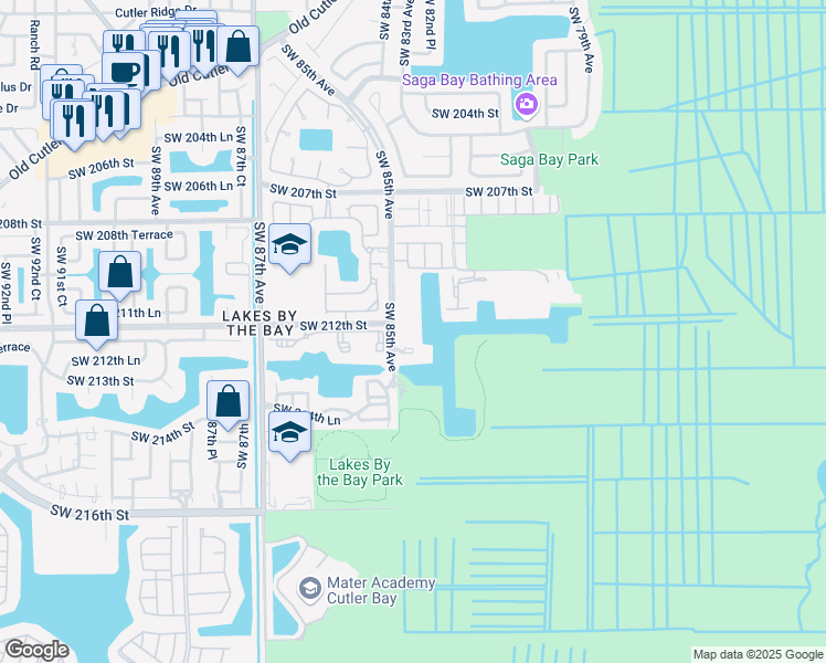 map of restaurants, bars, coffee shops, grocery stores, and more near 21215 Southwest 85th Avenue in Cutler Bay