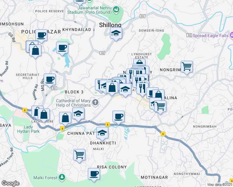 map of restaurants, bars, coffee shops, grocery stores, and more near  in Shillong