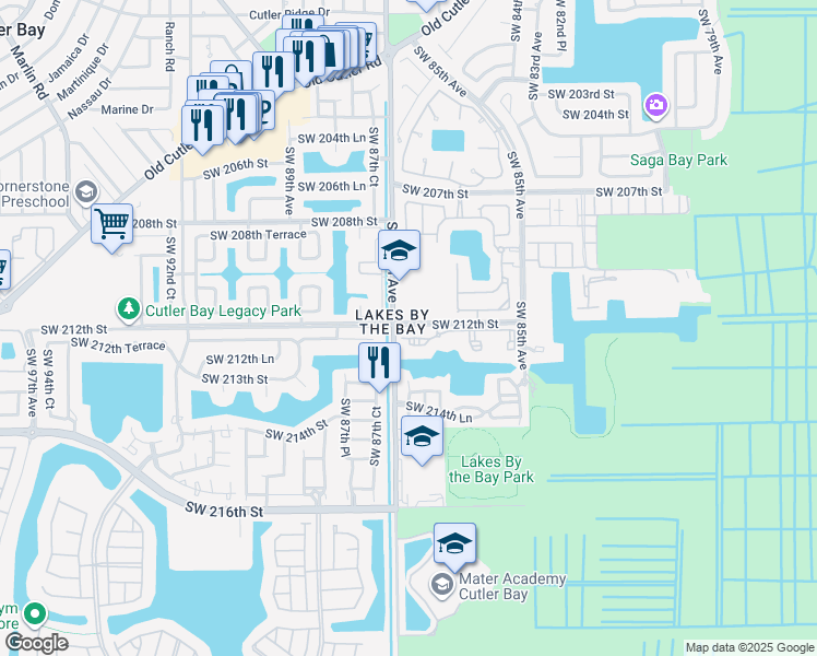 map of restaurants, bars, coffee shops, grocery stores, and more near 21520 Southwest 87th Avenue in Miami