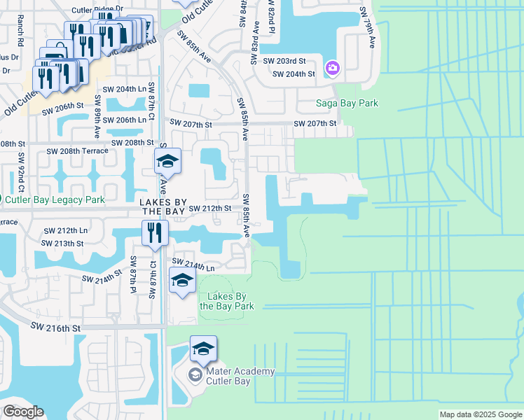map of restaurants, bars, coffee shops, grocery stores, and more near 21215 Southwest 85th Avenue in Cutler Bay