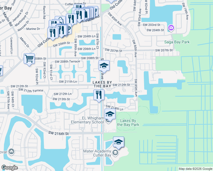 map of restaurants, bars, coffee shops, grocery stores, and more near 21520 Southwest 87th Avenue in Miami