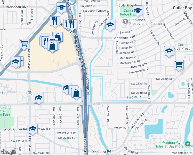 map of restaurants, bars, coffee shops, grocery stores, and more near 10405 Southwest 212th Street in Cutler Bay