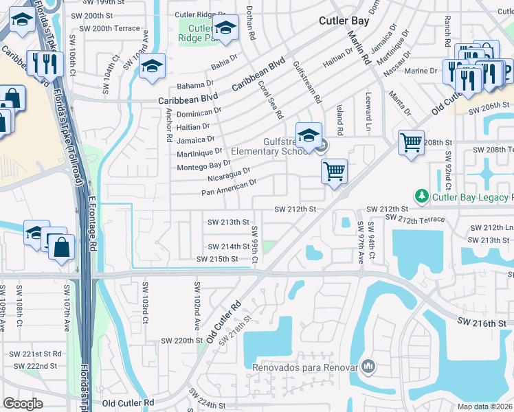 map of restaurants, bars, coffee shops, grocery stores, and more near 9901 Southwest 212th Street in Cutler Bay