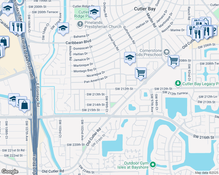 map of restaurants, bars, coffee shops, grocery stores, and more near 9901 Southwest 212th Street in Cutler Bay