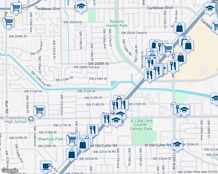 map of restaurants, bars, coffee shops, grocery stores, and more near 21049 Southwest 118th Avenue in Miami