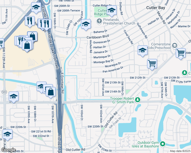 map of restaurants, bars, coffee shops, grocery stores, and more near 10225 Southwest 212th Street in Cutler Bay