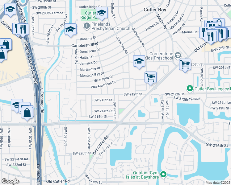 map of restaurants, bars, coffee shops, grocery stores, and more near 9901 Southwest 212th Street in Cutler Bay