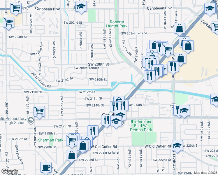 map of restaurants, bars, coffee shops, grocery stores, and more near 21049 Southwest 118th Avenue in Miami