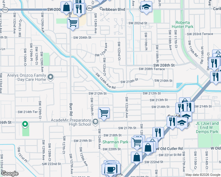 map of restaurants, bars, coffee shops, grocery stores, and more near 21038 Southwest 124th Avenue Road in Miami