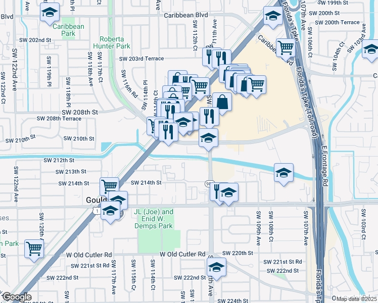 map of restaurants, bars, coffee shops, grocery stores, and more near 21164 Southwest 112th Avenue in Cutler Bay