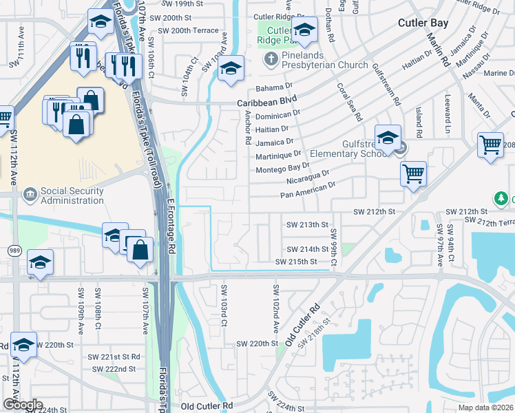 map of restaurants, bars, coffee shops, grocery stores, and more near 10225 Southwest 212th Street in Cutler Bay