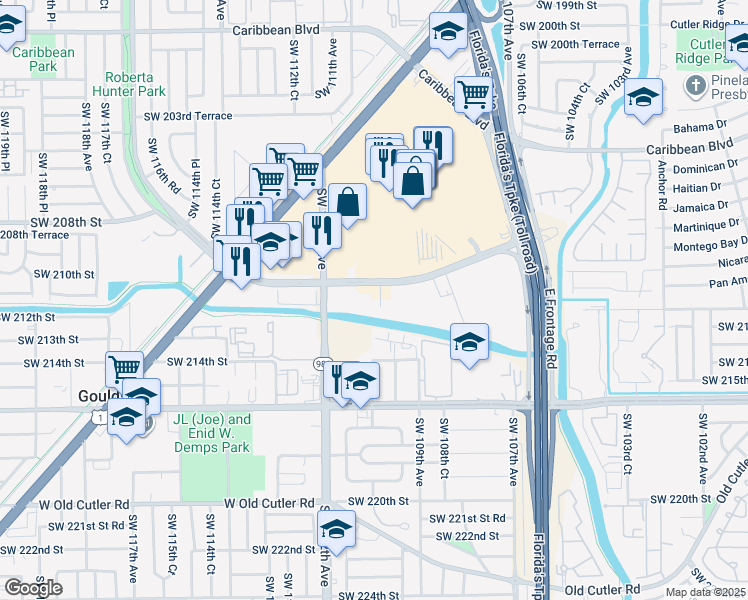 map of restaurants, bars, coffee shops, grocery stores, and more near 11000 Southwest 211 Street in Cutler Bay