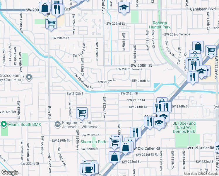 map of restaurants, bars, coffee shops, grocery stores, and more near 12066 Southwest 210th Terrace in Miami