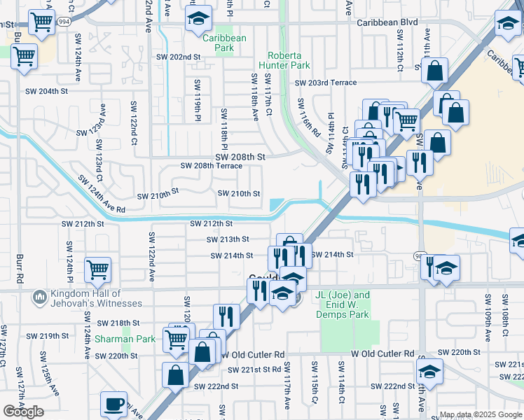 map of restaurants, bars, coffee shops, grocery stores, and more near 23724 Southwest 118th Avenue in Miami