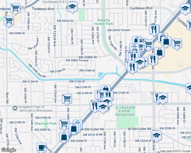 map of restaurants, bars, coffee shops, grocery stores, and more near 23730 Southwest 118th Avenue in Miami