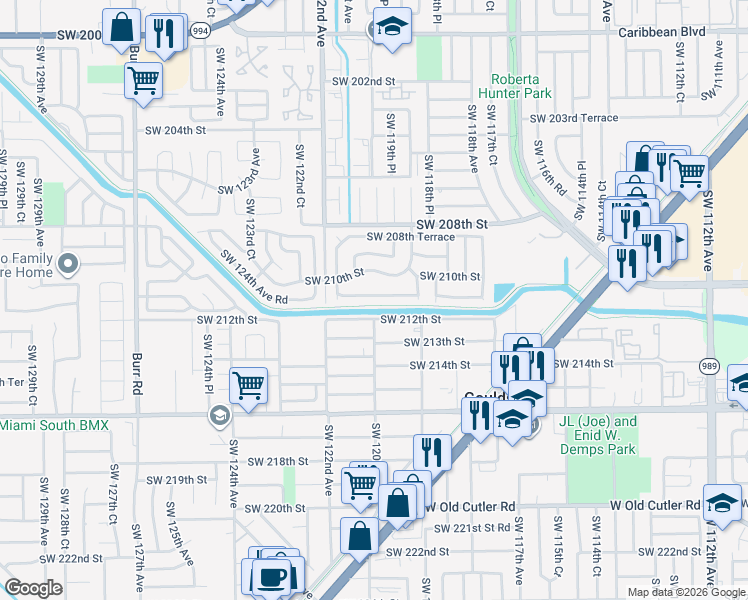 map of restaurants, bars, coffee shops, grocery stores, and more near 12012 Southwest 210th Terrace in Miami
