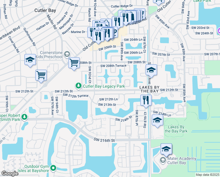 map of restaurants, bars, coffee shops, grocery stores, and more near 8978 Southwest 211th Lane in Cutler Bay