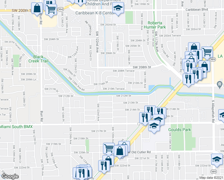 map of restaurants, bars, coffee shops, grocery stores, and more near 11994 Southwest 210th Terrace in Miami