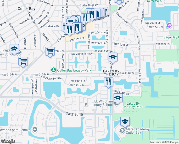 map of restaurants, bars, coffee shops, grocery stores, and more near 8888 Southwest 211th Lane in Cutler Bay