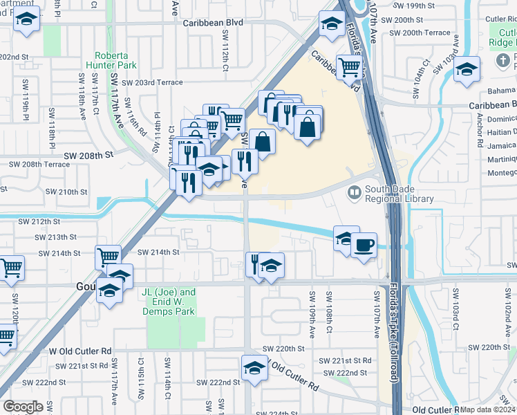map of restaurants, bars, coffee shops, grocery stores, and more near 11190 Southwest 211 Street in Cutler Bay