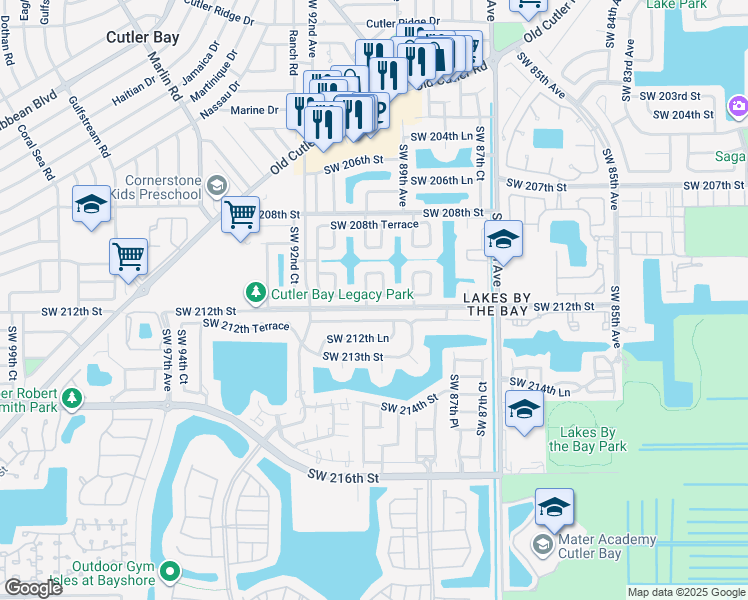 map of restaurants, bars, coffee shops, grocery stores, and more near 8978 Southwest 211th Lane in Cutler Bay