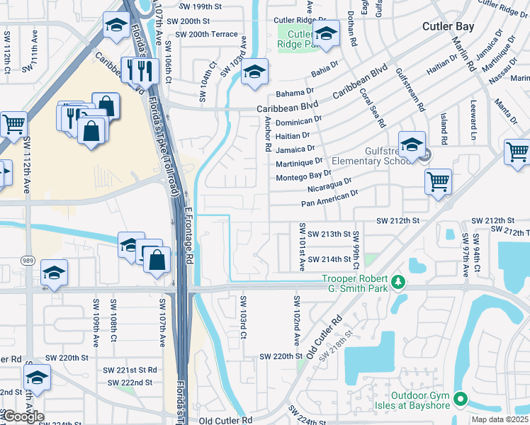 map of restaurants, bars, coffee shops, grocery stores, and more near 21110 Anchor Road in Cutler Bay