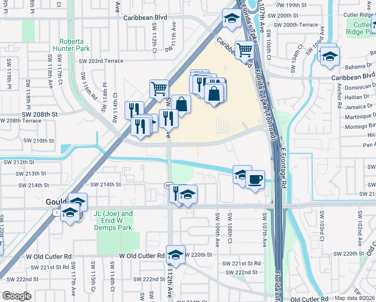 map of restaurants, bars, coffee shops, grocery stores, and more near 11000 Southwest 211 Street in Cutler Bay