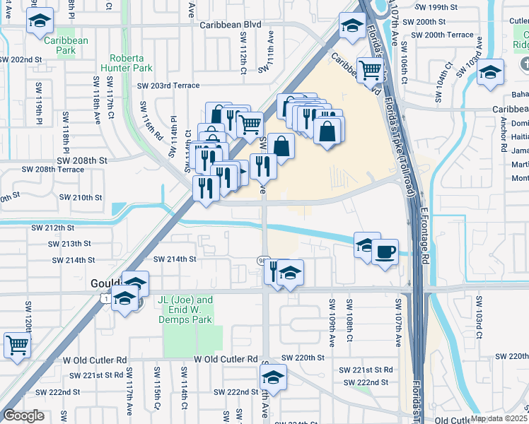 map of restaurants, bars, coffee shops, grocery stores, and more near 21164 Southwest 112th Avenue in Cutler Bay