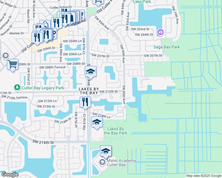 map of restaurants, bars, coffee shops, grocery stores, and more near 8560 Southwest 212th Street in Cutler Bay