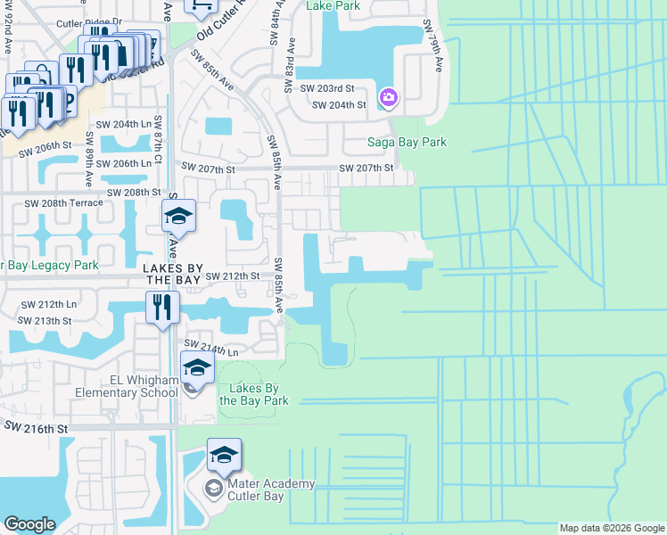 map of restaurants, bars, coffee shops, grocery stores, and more near 8260 SW 210th St in Cutler Bay