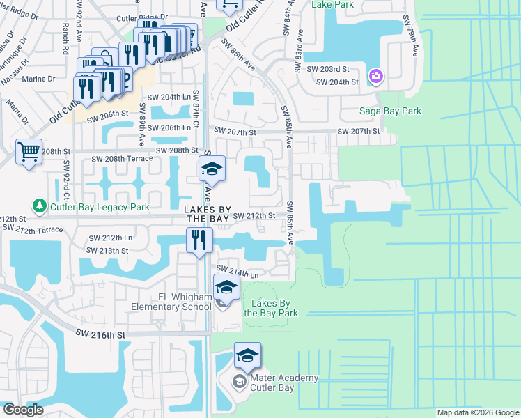 map of restaurants, bars, coffee shops, grocery stores, and more near 8560 Southwest 212th Street in Cutler Bay